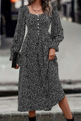 WOMEN DEEP SQUARE NECK LONG SLEEVE PATTERN DRESS Pose Sweet Layer Light
