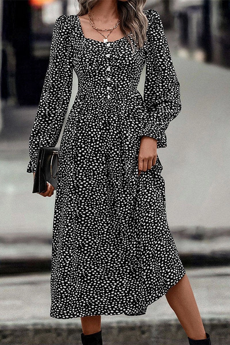 WOMEN DEEP SQUARE NECK LONG SLEEVE PATTERN DRESS Pose Sweet Layer Light