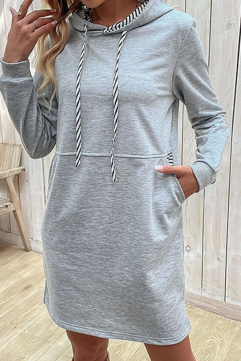 WOMEN DRAWSTRING HOODED SIDE POCKET MID DRESS Joy Glow
