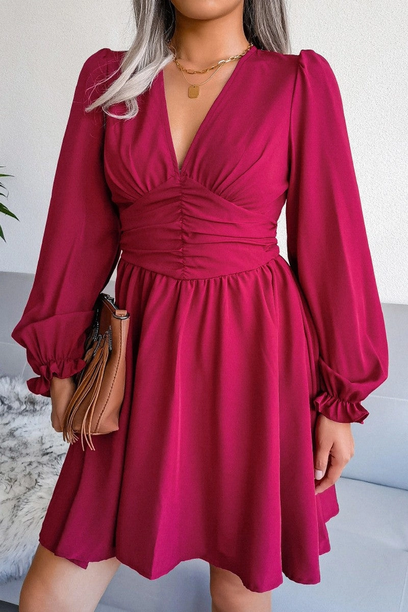 WOMEN EMPIRE SLIM WAIST SEXY V NECK RUFFLE DRESS Smart Waistband Fit Chic Vibe