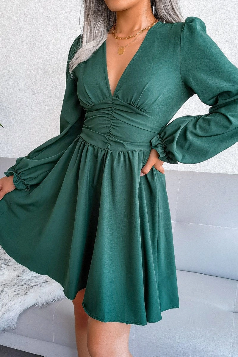 Petite Chic Work Look WOMEN EMPIRE SLIM WAIST SEXY V NECK RUFFLE DRESS