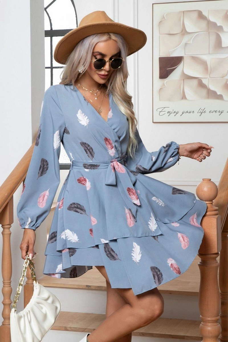 WOMEN FEATHER PRINTING MULTILAYER HEM V NECK DRESS Sleek Vibe Radiant Mood