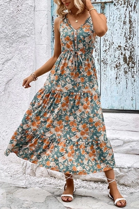 museum visit Soft and Chic WOMEN FLORAL SLEEVELESS TIERED DRESS