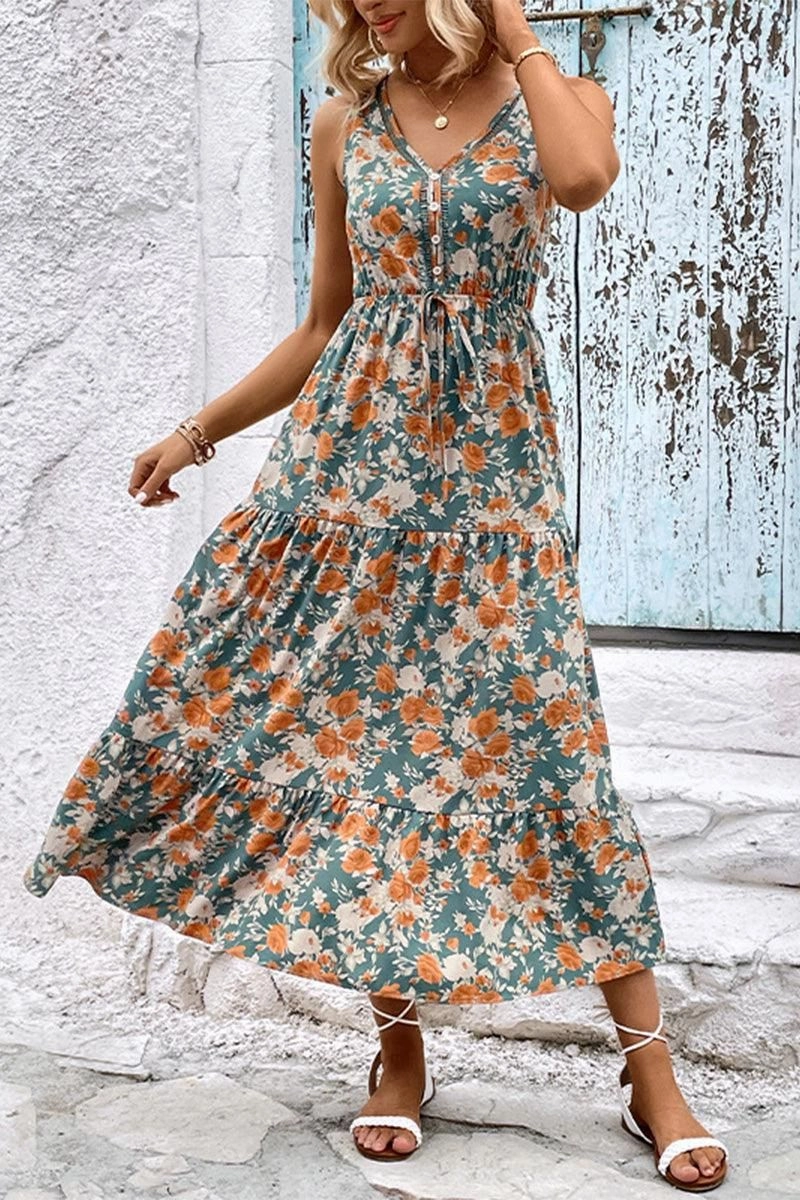 Summer Wardrobe Versatile occasion dress WOMEN FLORAL SLEEVELESS TIERED DRESS