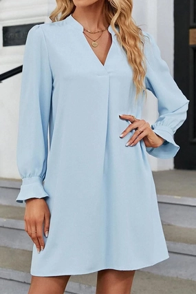 Removable-Straps WOMEN FRILLED LONG SLEEVE V NECK SOLID DRESS
