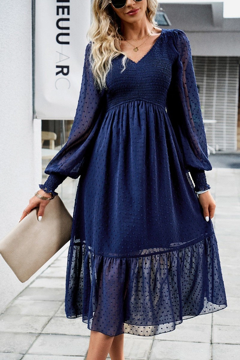 Floor-Length WOMEN LACE HEM V NECK HIGH WAIST SWING DRESS
