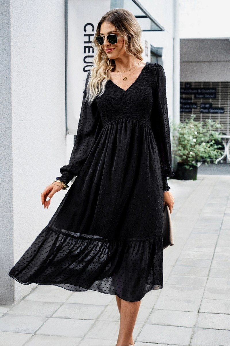 Wrap Charm WOMEN LACE HEM V NECK HIGH WAIST SWING DRESS