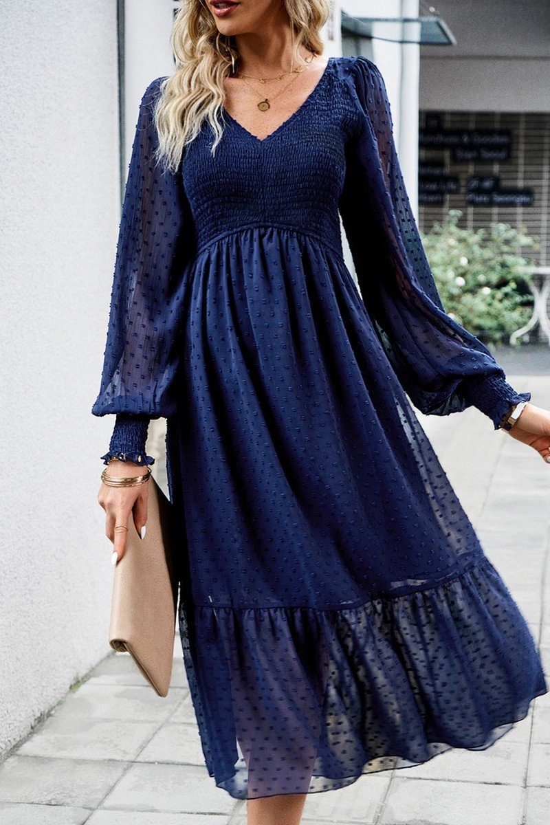 WOMEN LACE HEM V NECK HIGH WAIST SWING DRESS Street Motion Natural Aesthetic
