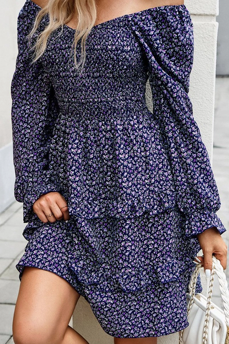 Boat-Neck Trendy Cut WOMEN LONG SLEEVE RUFFLE TIRED FLORAL FLOWY DRESS