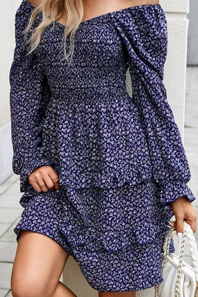 Non-Iron WOMEN LONG SLEEVE RUFFLE TIRED FLORAL FLOWY DRESS