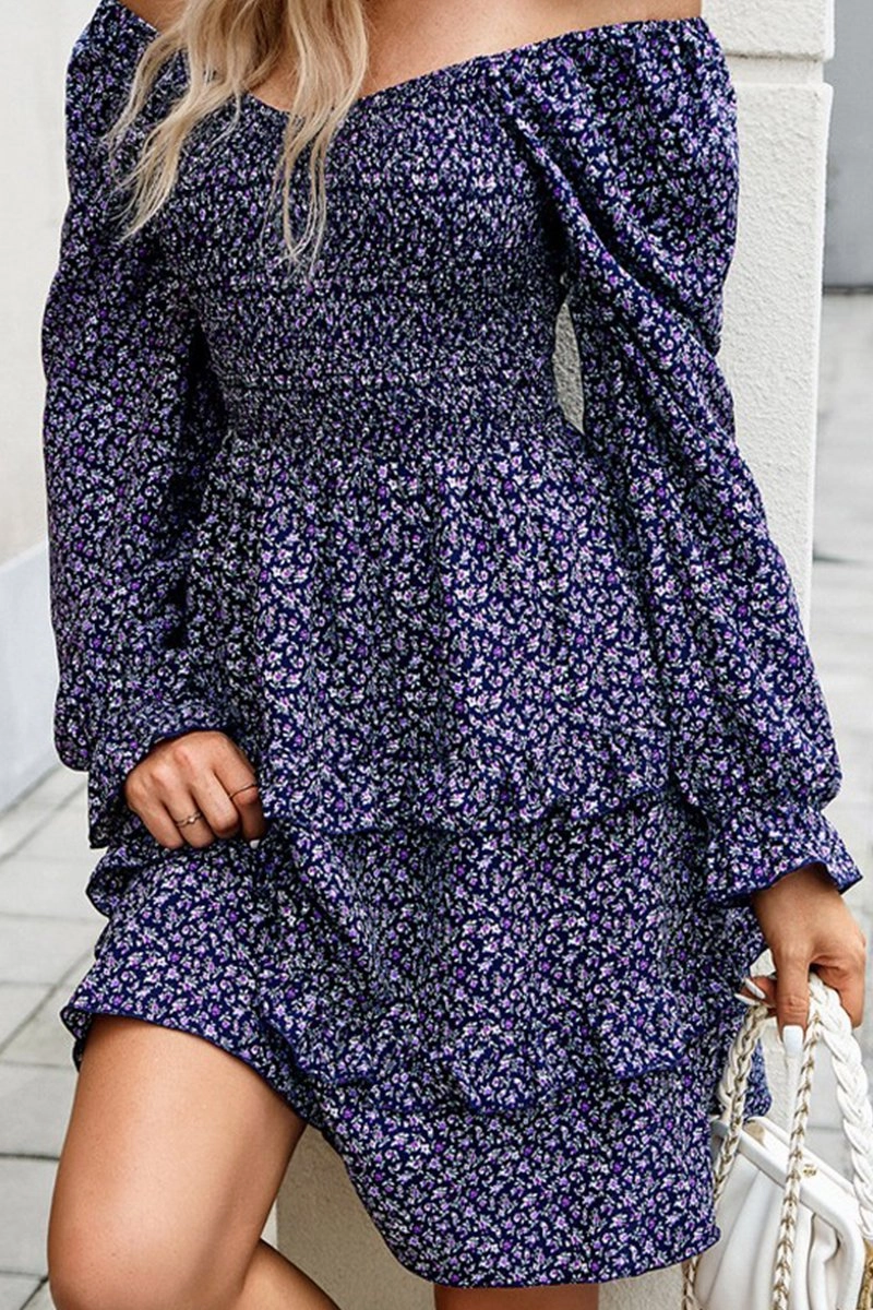 Non-Iron WOMEN LONG SLEEVE RUFFLE TIRED FLORAL FLOWY DRESS