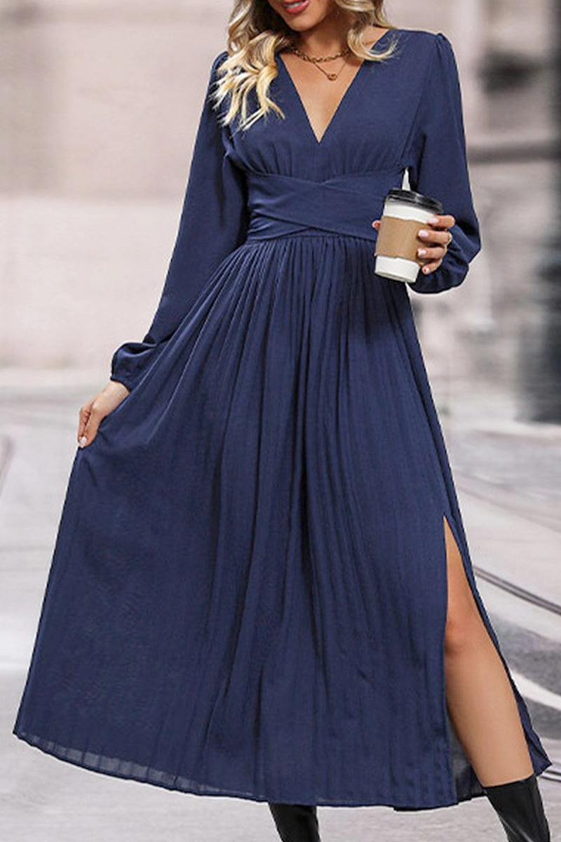 WOMEN LOOSE FIT V NECK LONG SLEEVE SLIT DRESS Winter Classic Effortless Layering