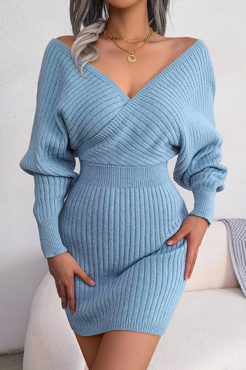 WOMEN SEXY WRAP SLIM WAIST KNITTED SHORT DRESS Draped Layer