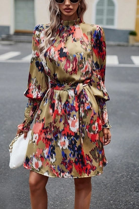 WOMEN SHIRRED HIGH NECK BELTED PRINTING DRESS Chilly Day Wear