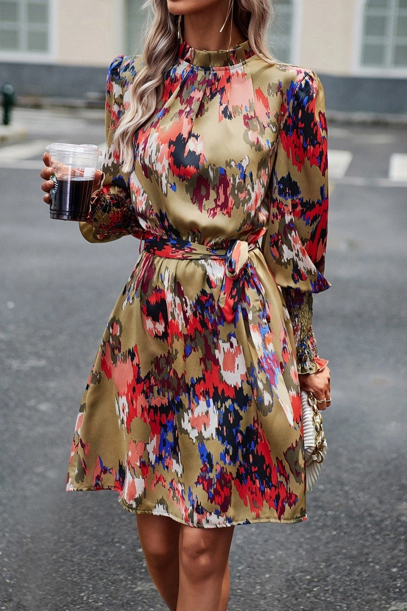 Natural Fit WOMEN SHIRRED HIGH NECK BELTED PRINTING DRESS