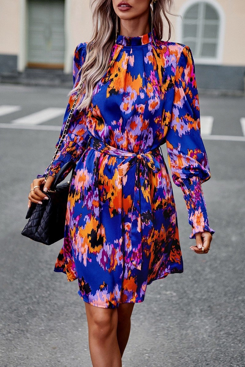 Trend-Inspired WOMEN SHIRRED HIGH NECK BELTED PRINTING DRESS