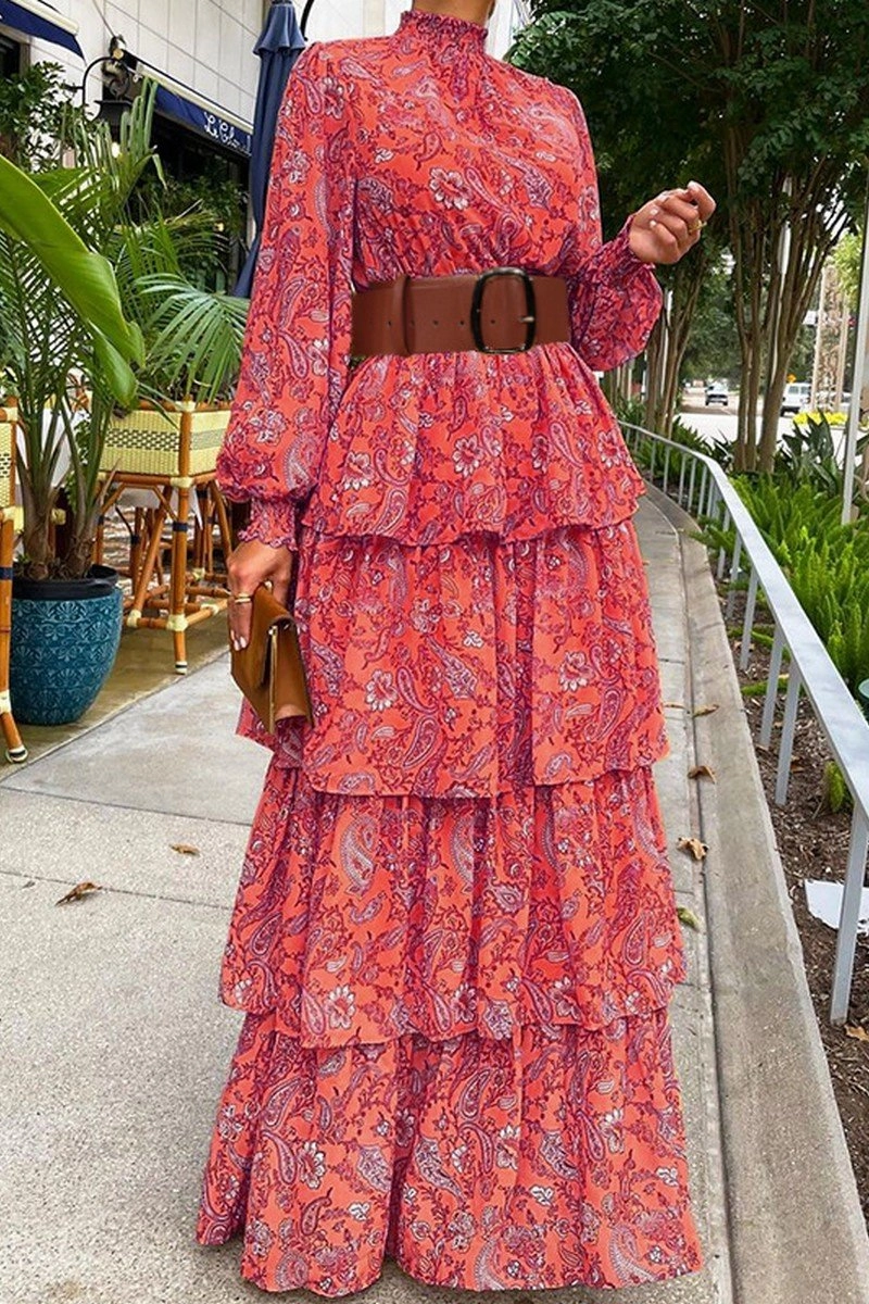 Elegant Waistband WOMEN SHIRRED HIGH NECK BOHEMIAN TIERED DRESS
