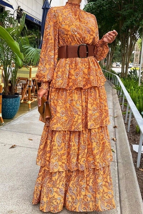WOMEN SHIRRED HIGH NECK BOHEMIAN TIERED DRESS Day Ready Look Smart and Stylish