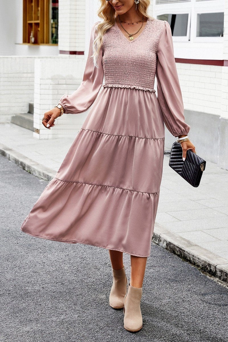 Refined Style WOMEN SMOCKED LONG SLEEVE TIERED CAKE FLOWY DRESS