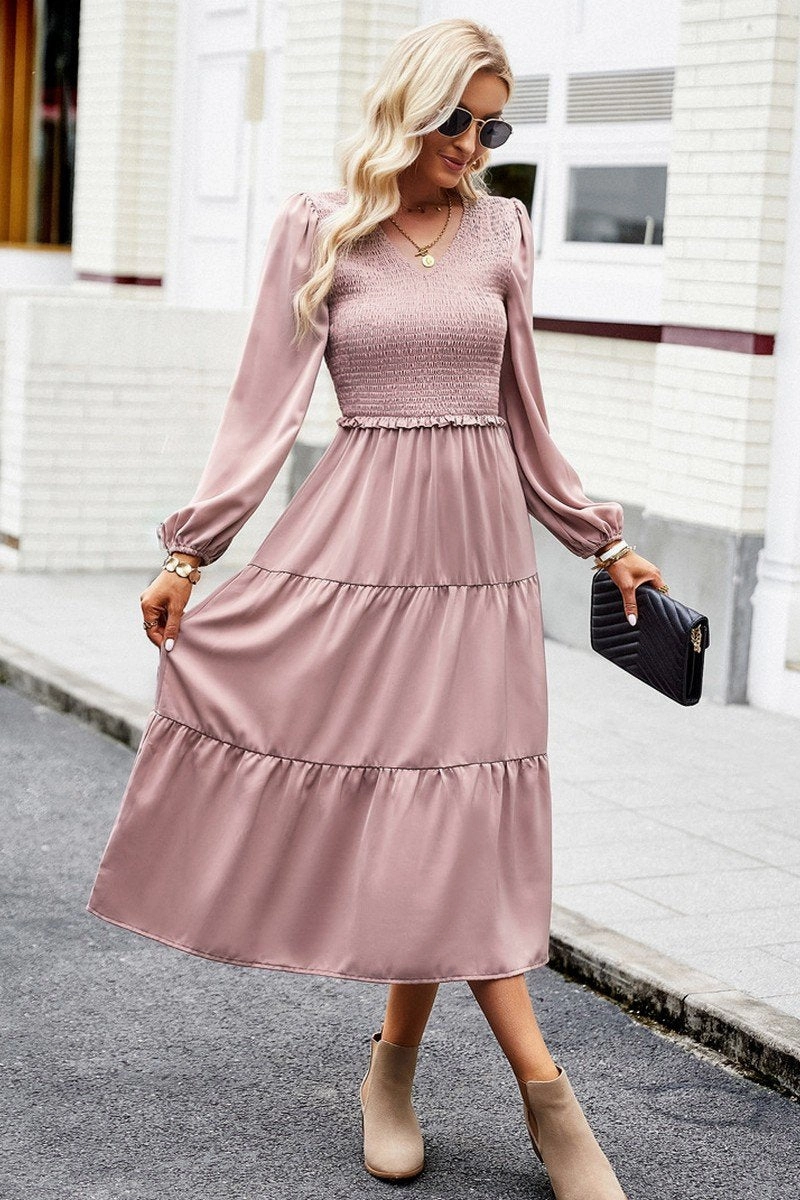Premium Fabric WOMEN SMOCKED LONG SLEEVE TIERED CAKE FLOWY DRESS