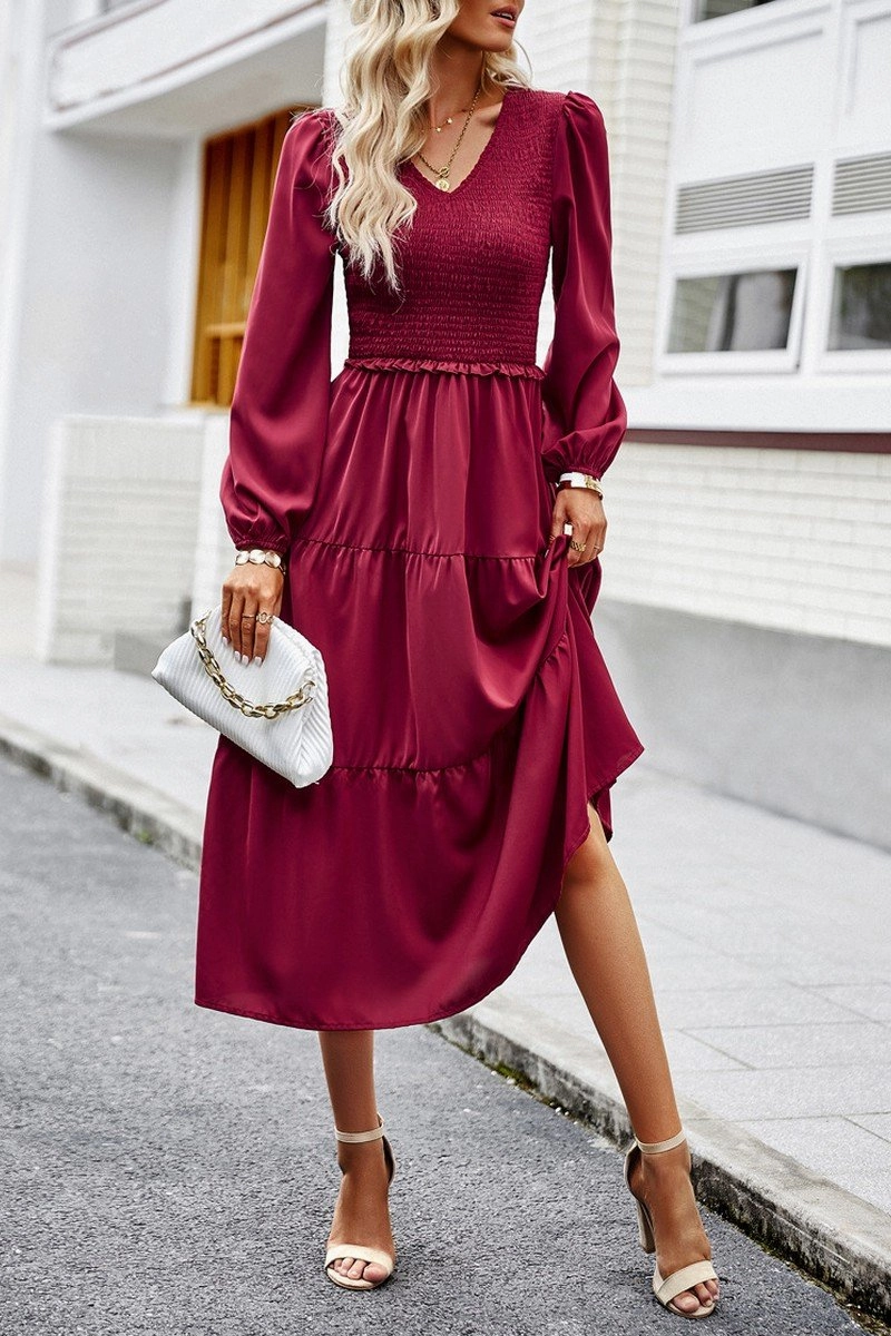 Flattering Comfort Wear London Edge WOMEN SMOCKED LONG SLEEVE TIERED CAKE FLOWY DRESS