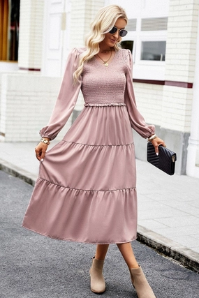 Premium Fabric WOMEN SMOCKED LONG SLEEVE TIERED CAKE FLOWY DRESS