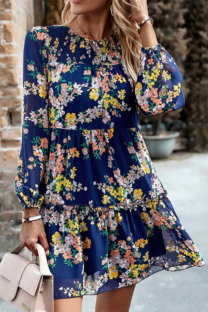 WOMEN SMOCKED NECK FLORAL LONG SLEEVE MINI DRESS Anytime Fit