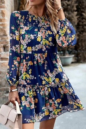 WOMEN SMOCKED NECK FLORAL LONG SLEEVE MINI DRESS Anytime Fit