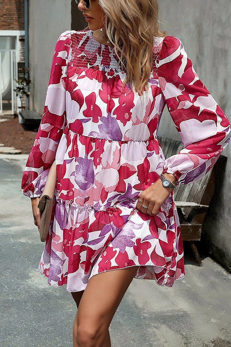 High-Fashion WOMEN SMOCKED NECK FLORAL LONG SLEEVE MINI DRESS