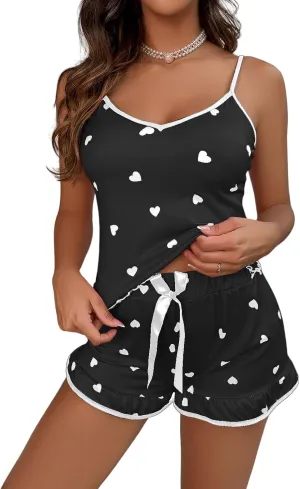 Womens 2 Piece Heart Print Pajama Set Cute Crop Camisole Tops and Shorts Summer Loungewear Pjs Sets Sleepwear