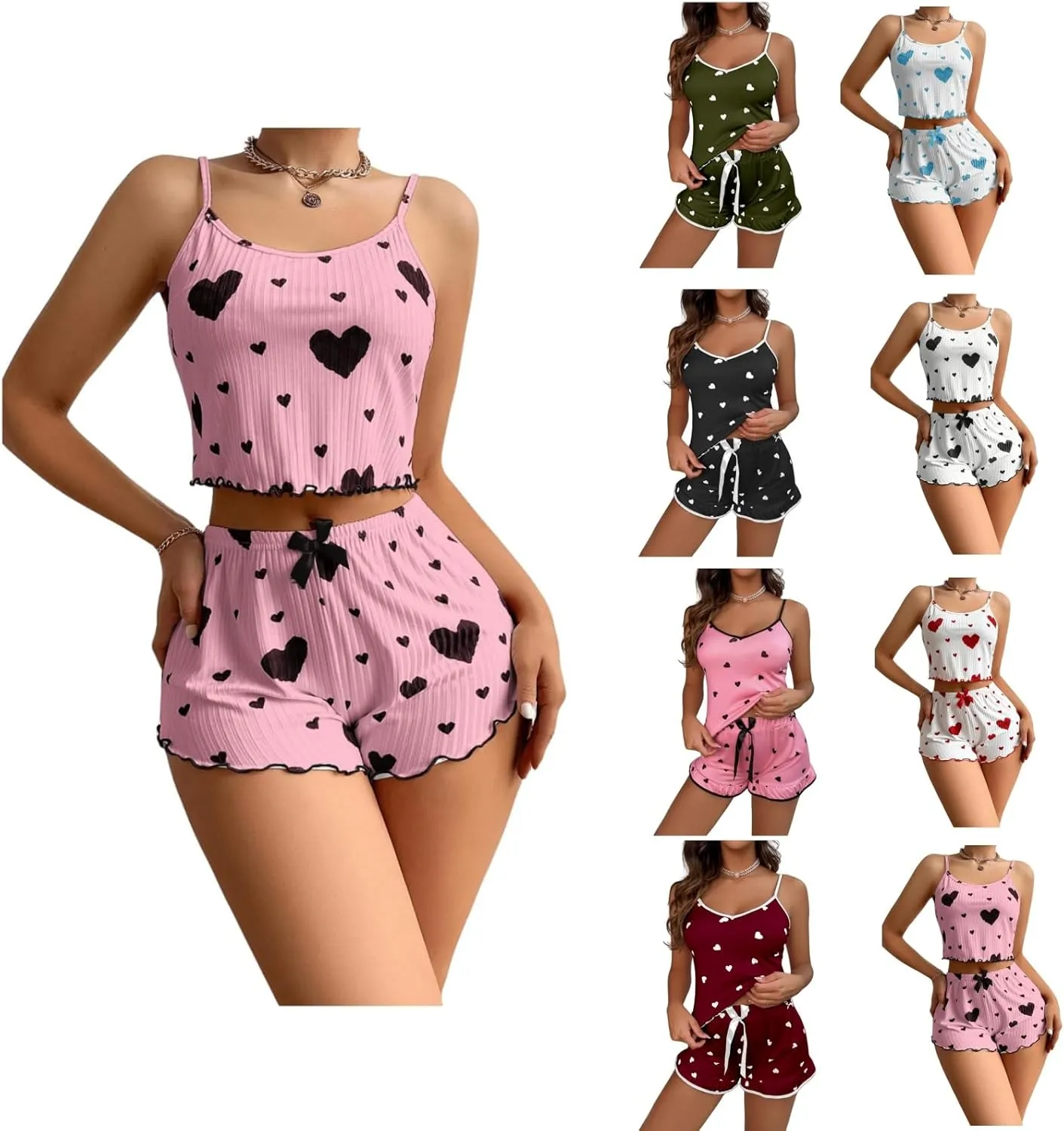Womens 2 Piece Heart Print Pajama Set Cute Crop Camisole Tops and Shorts Summer Loungewear Pjs Sets Sleepwear