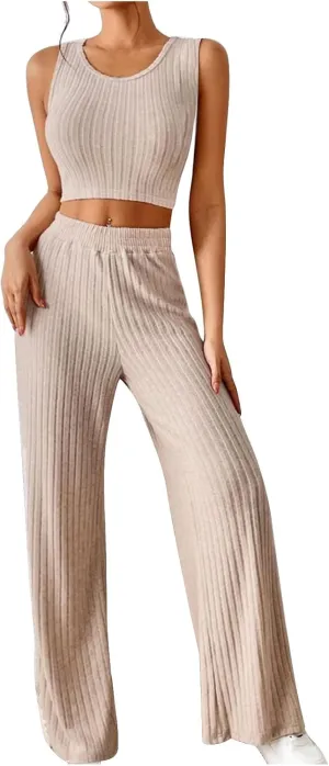 Women's 2 Piece Knit Outfits Slim Fit Crew Neck Sleeveless Vest and Long Pants Solid Lounge Set Fashion Casual Sets