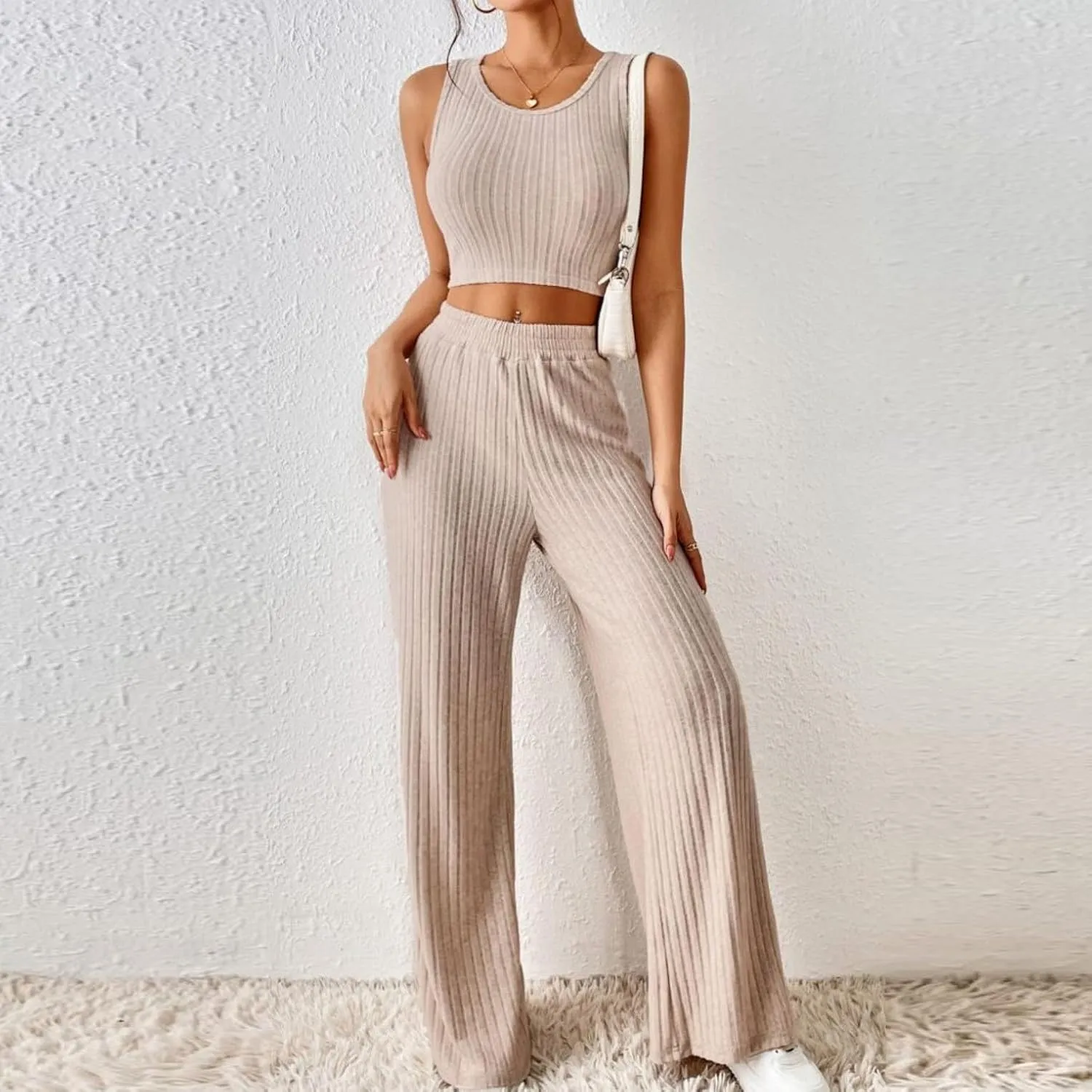 Women's 2 Piece Knit Outfits Slim Fit Crew Neck Sleeveless Vest and Long Pants Solid Lounge Set Fashion Casual Sets