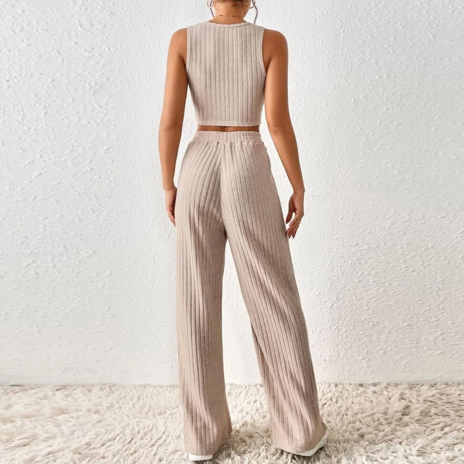 Women's 2 Piece Knit Outfits Slim Fit Crew Neck Sleeveless Vest and Long Pants Solid Lounge Set Fashion Casual Sets