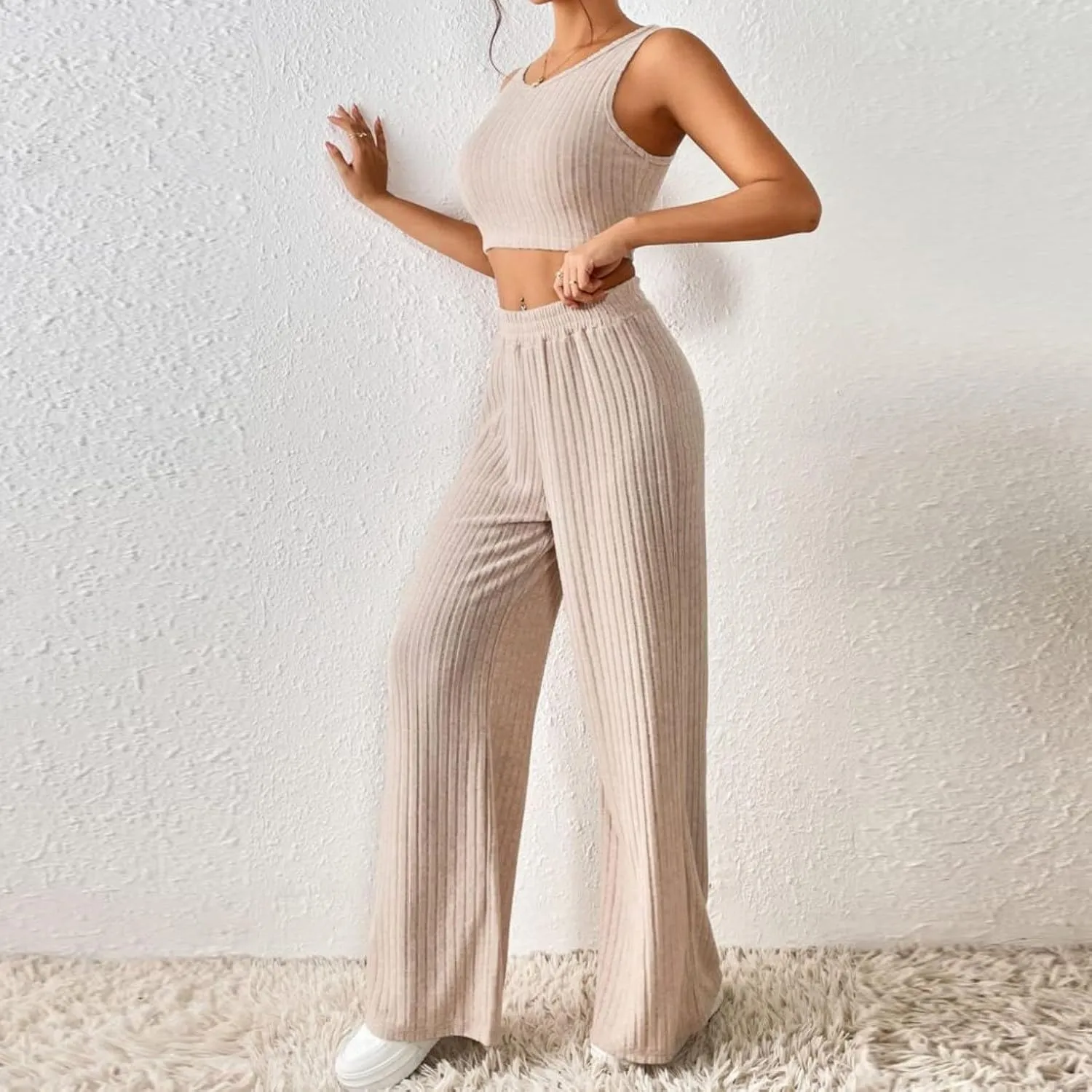 Women's 2 Piece Knit Outfits Slim Fit Crew Neck Sleeveless Vest and Long Pants Solid Lounge Set Fashion Casual Sets