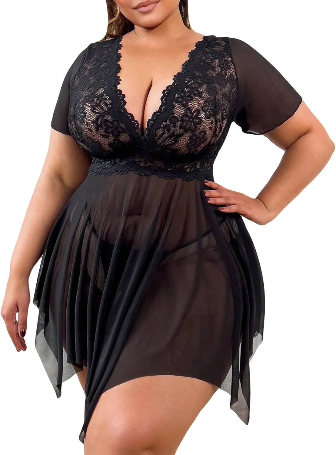 Women's 2 Piece Lingerie Set Plus Size Lace Sheer Mesh Bralettes Black Sleep Dress with Thongs Set Black 1XL