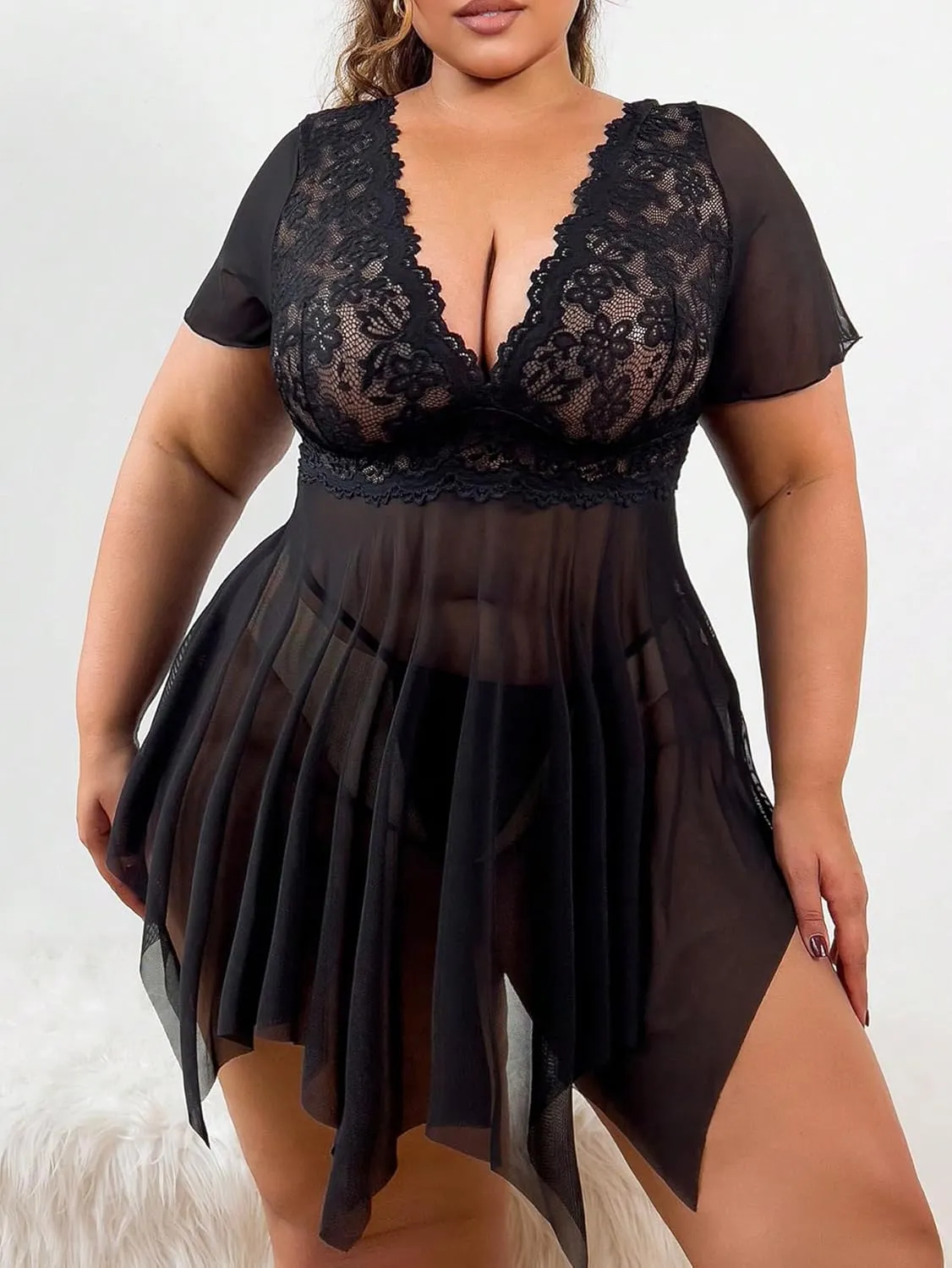 Women's 2 Piece Lingerie Set Plus Size Lace Sheer Mesh Bralettes Black Sleep Dress with Thongs Set