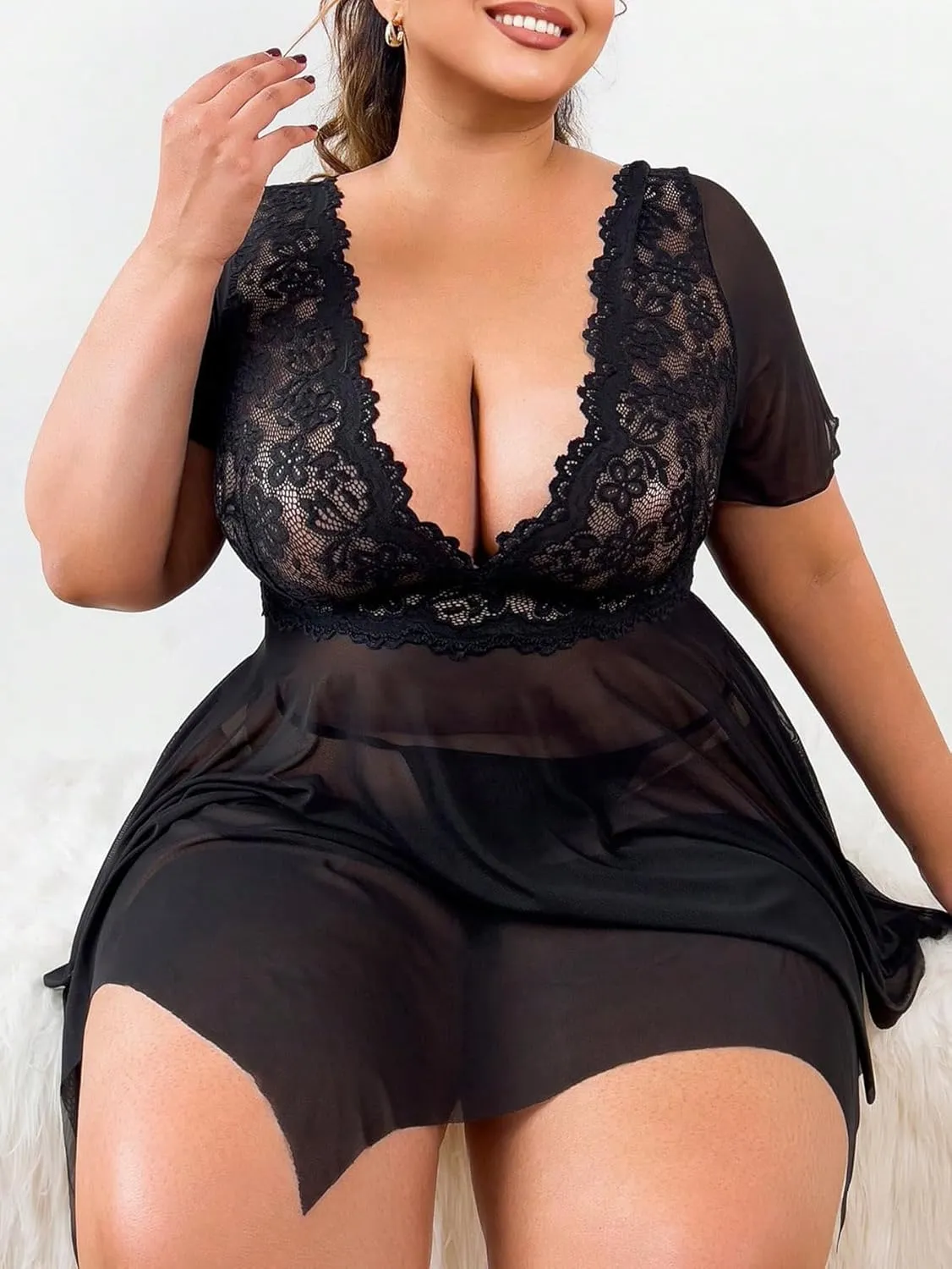 Women's 2 Piece Lingerie Set Plus Size Lace Sheer Mesh Bralettes Black Sleep Dress with Thongs Set