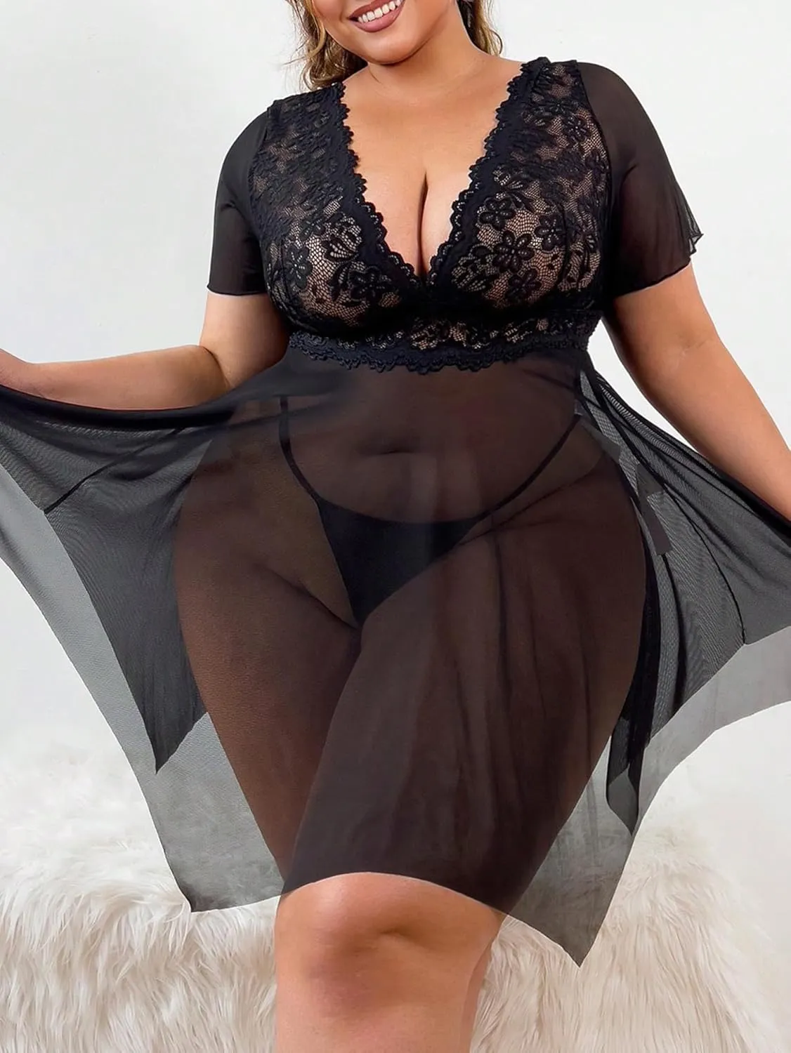 Women's 2 Piece Lingerie Set Plus Size Lace Sheer Mesh Bralettes Black Sleep Dress with Thongs Set