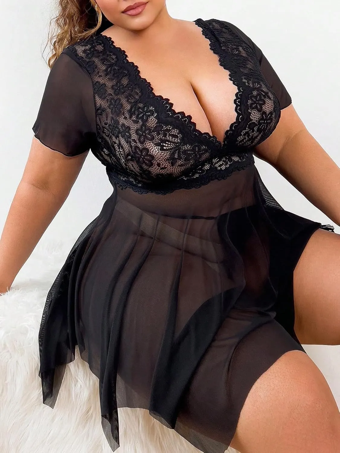Women's 2 Piece Lingerie Set Plus Size Lace Sheer Mesh Bralettes Black Sleep Dress with Thongs Set