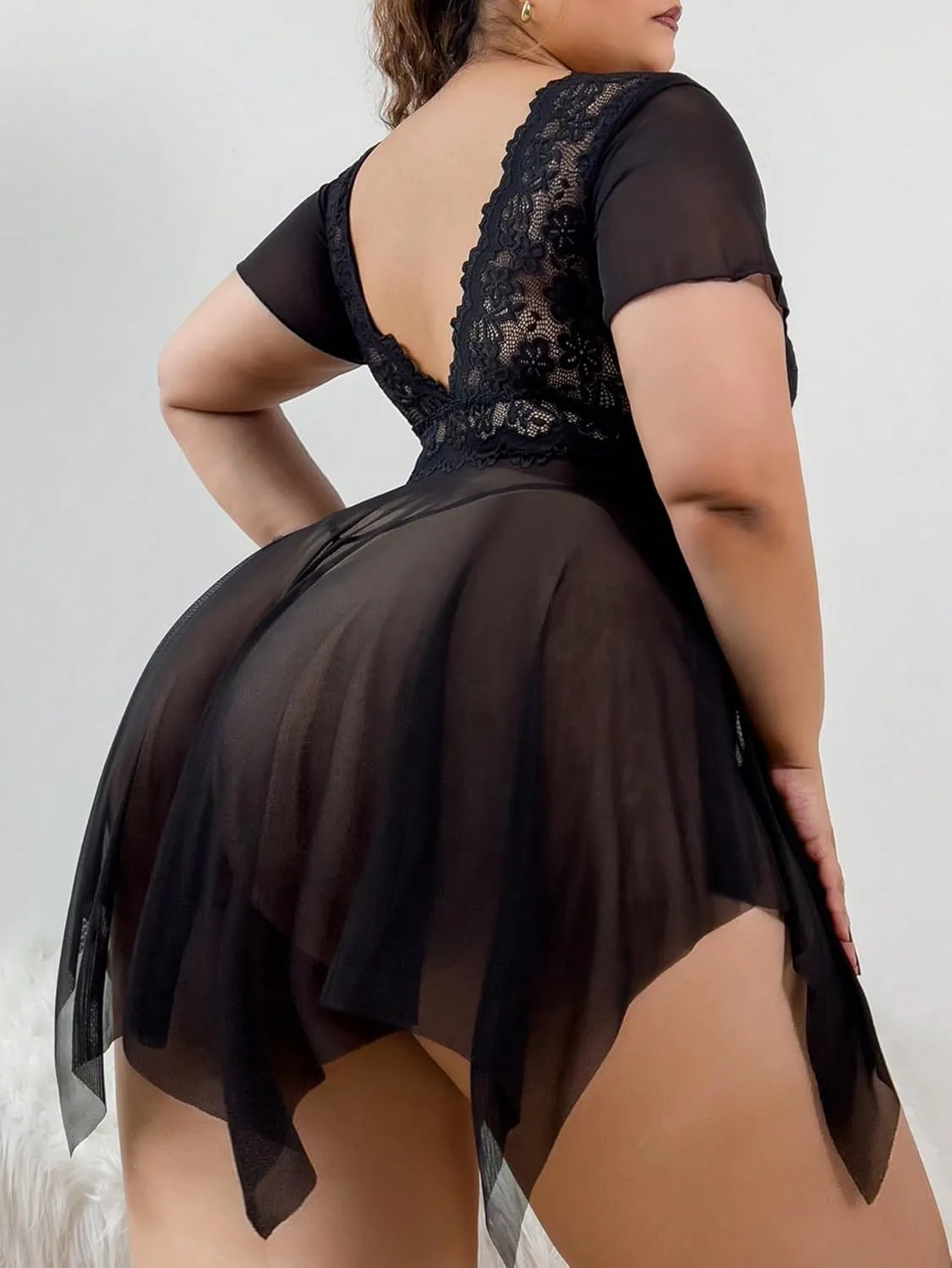 Women's 2 Piece Lingerie Set Plus Size Lace Sheer Mesh Bralettes Black Sleep Dress with Thongs Set
