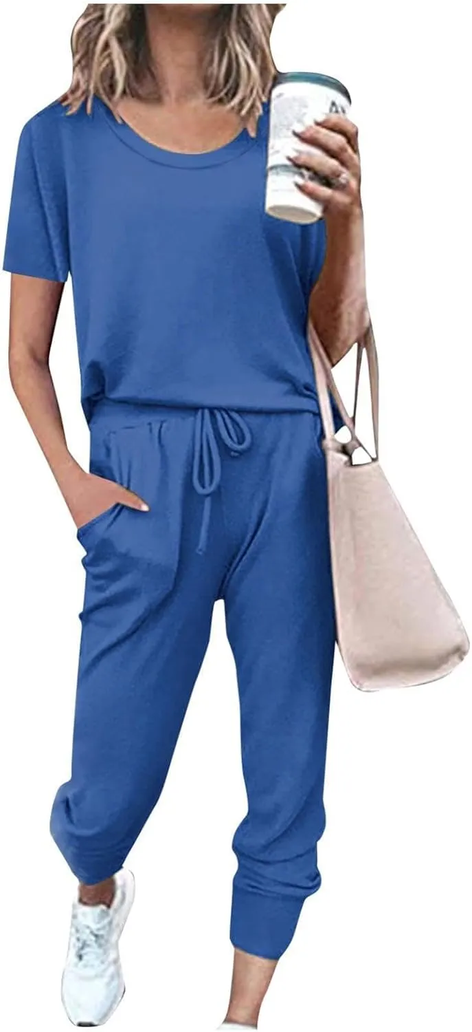 Womens 2 Piece Lounge Outfit Short Sleeve Crewneck Pullover Tops Long Pants with Drawstring Athletic Tracksuit Jogger Set