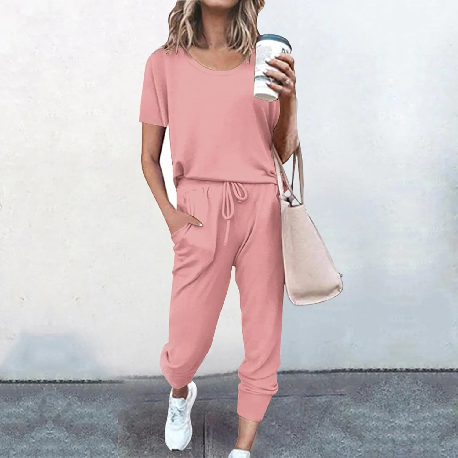 Womens 2 Piece Lounge Outfit Short Sleeve Crewneck Pullover Tops Long Pants with Drawstring Athletic Tracksuit Jogger Set