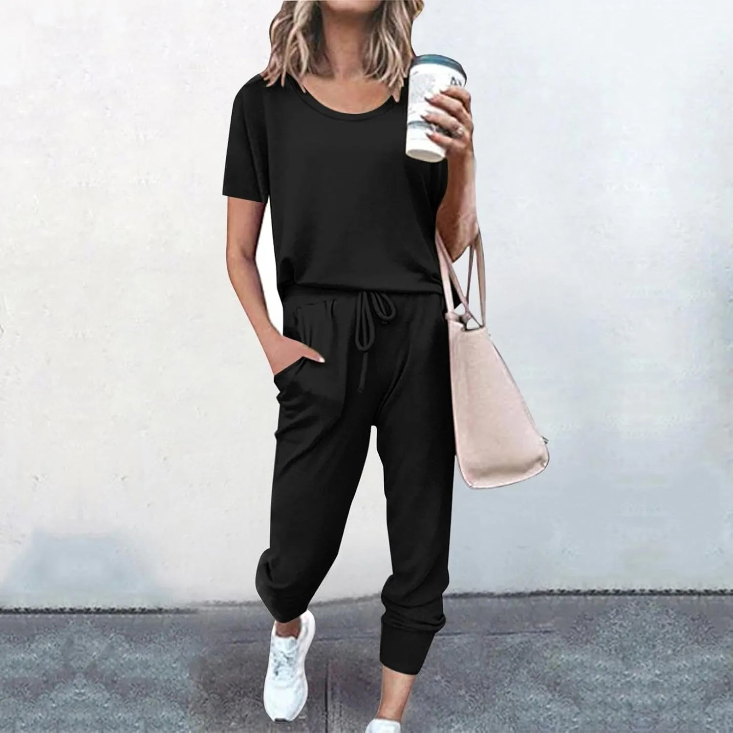 Womens 2 Piece Lounge Outfit Short Sleeve Crewneck Pullover Tops Long Pants with Drawstring Athletic Tracksuit Jogger Set