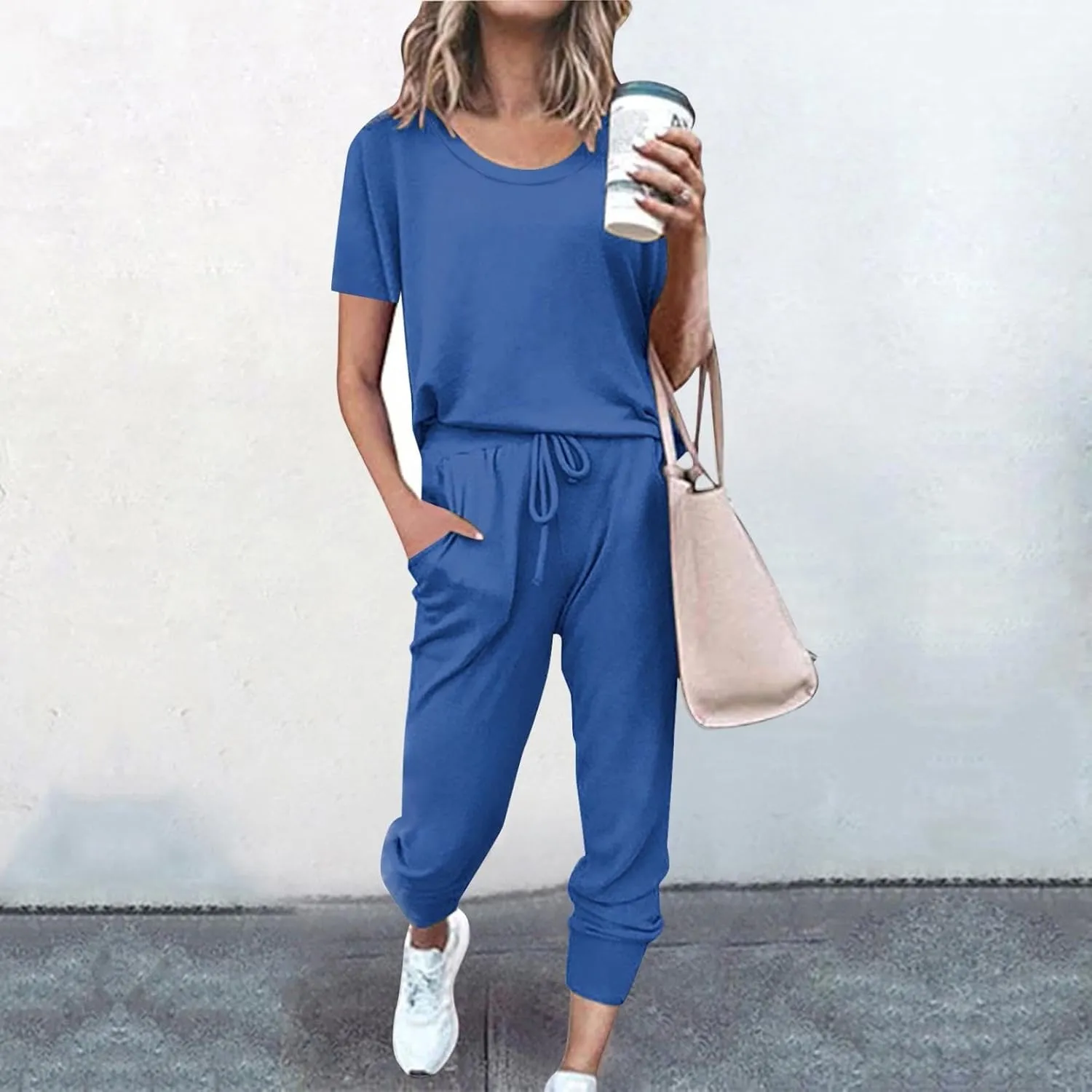Womens 2 Piece Lounge Outfit Short Sleeve Crewneck Pullover Tops Long Pants with Drawstring Athletic Tracksuit Jogger Set