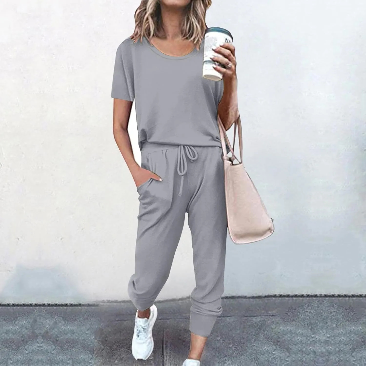 Womens 2 Piece Lounge Outfit Short Sleeve Crewneck Pullover Tops Long Pants with Drawstring Athletic Tracksuit Jogger Set