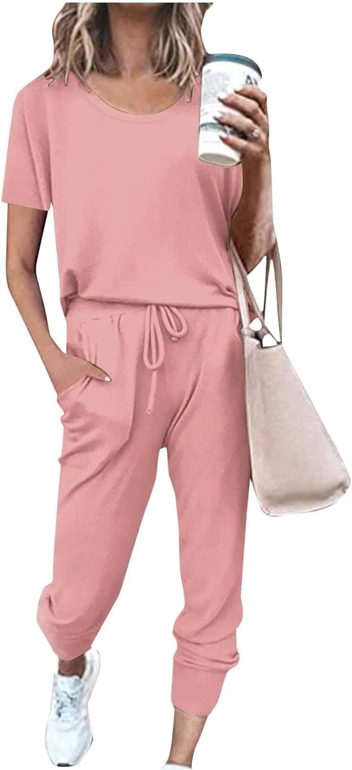 Womens 2 Piece Lounge Outfit Short Sleeve Crewneck Pullover Tops Long Pants with Drawstring Athletic Tracksuit Jogger Set