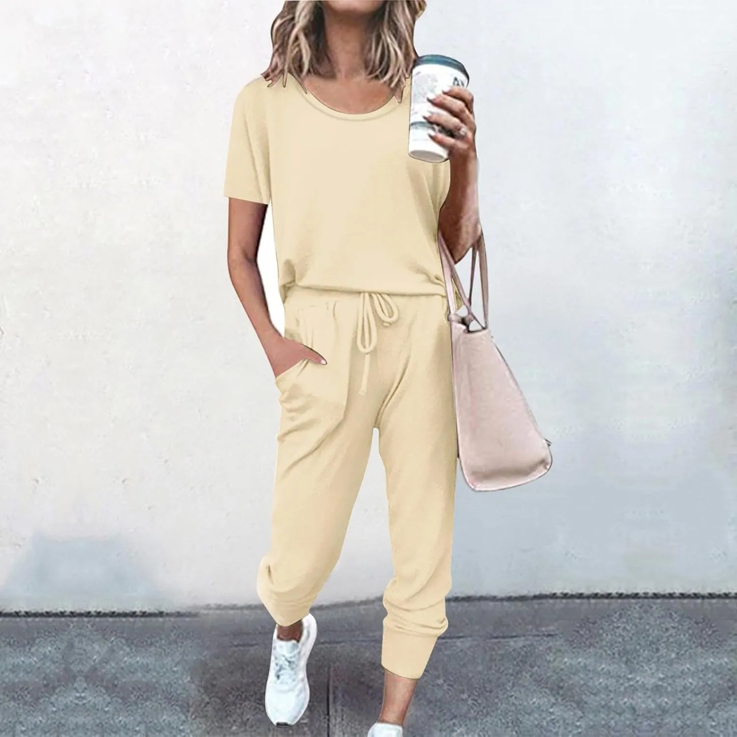 Womens 2 Piece Lounge Outfit Short Sleeve Crewneck Pullover Tops Long Pants with Drawstring Athletic Tracksuit Jogger Set