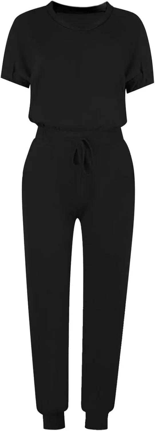 Womens 2 Piece Lounge Outfit Short Sleeve Crewneck Pullover Tops Long Pants with Drawstring Athletic Tracksuit Jogger Set