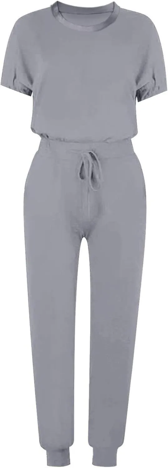 Womens 2 Piece Lounge Outfit Short Sleeve Crewneck Pullover Tops Long Pants with Drawstring Athletic Tracksuit Jogger Set